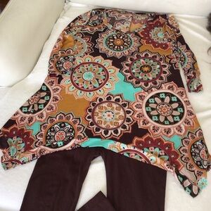 Medallion Tunic with Brown Leggings - Turquoise & Brown